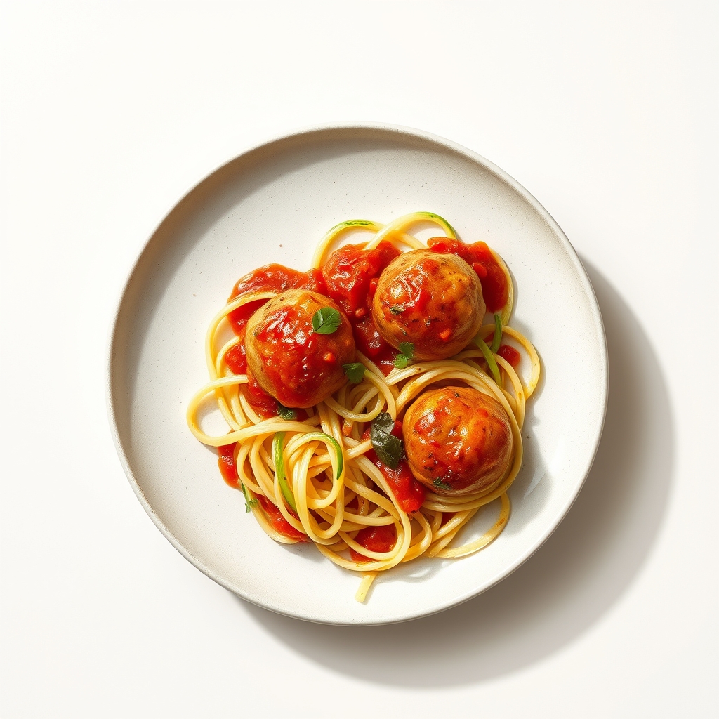 Gehaktballetjes van kalkoen in een tomatensaus, geserveerd met courgetti