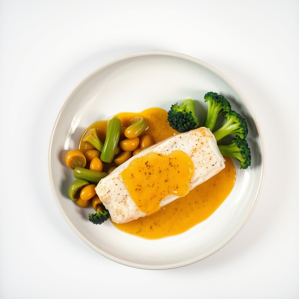 Kabeljauwfilet in citroensaus met een bijgerecht van geroosterde wortelen en broccoli