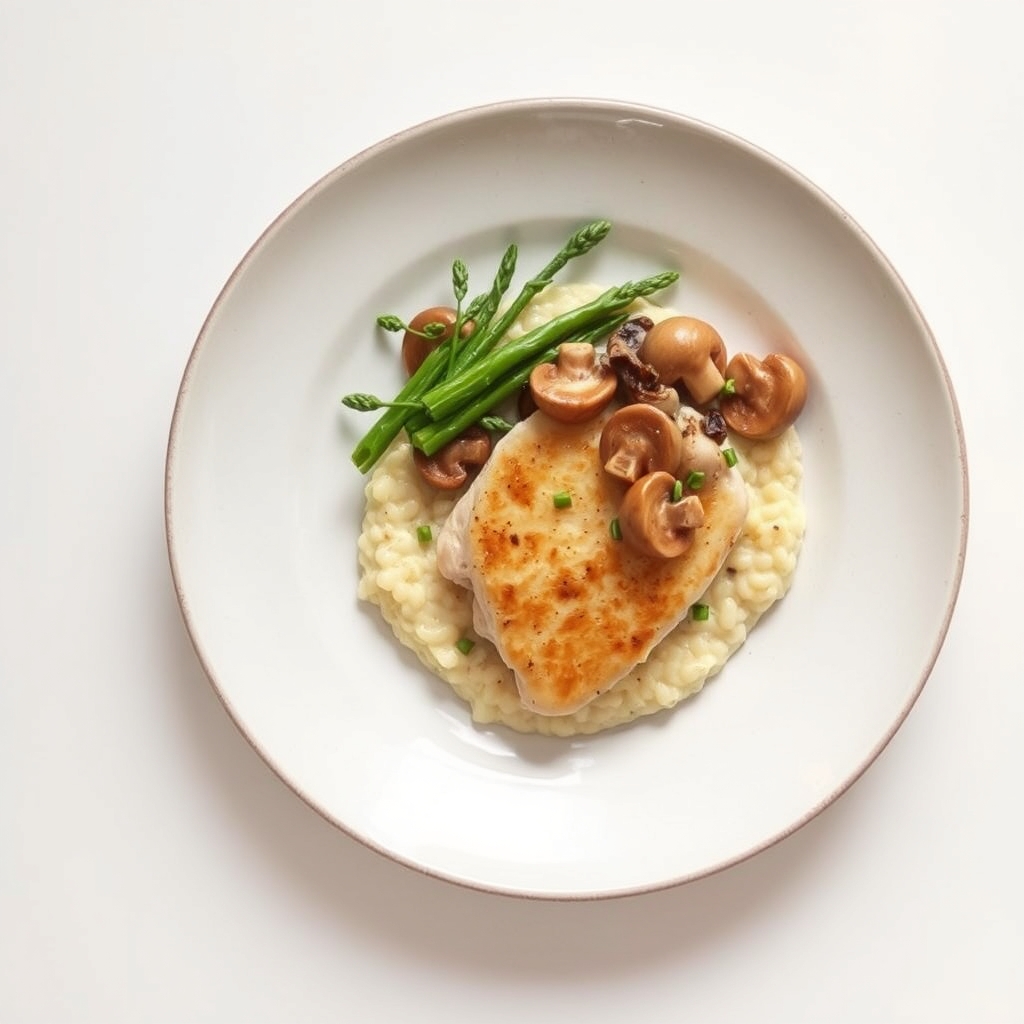 Kipfilet met bloemkoolrijst, gebakken champignons en groene asperges
