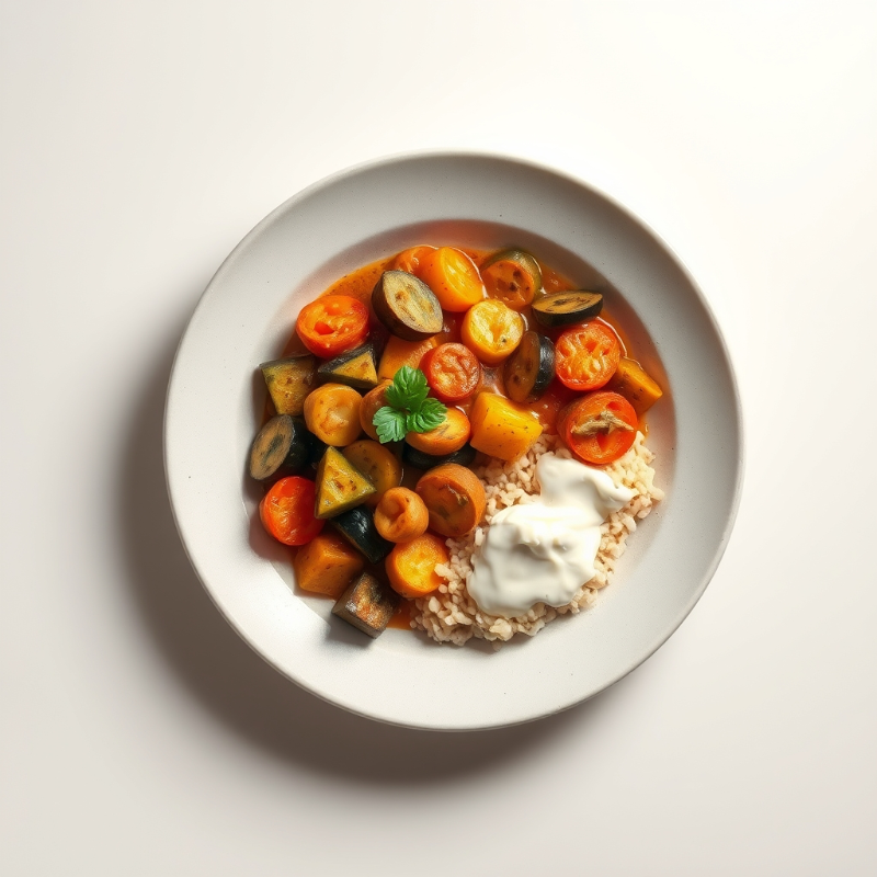 Geroosterde groenten zoals paprika, courgette en aubergine gestoofd in een kruidige saus met kikkererwten, gedroogde abrikozen, en geserveerd met een citroenyoghurt en couscous