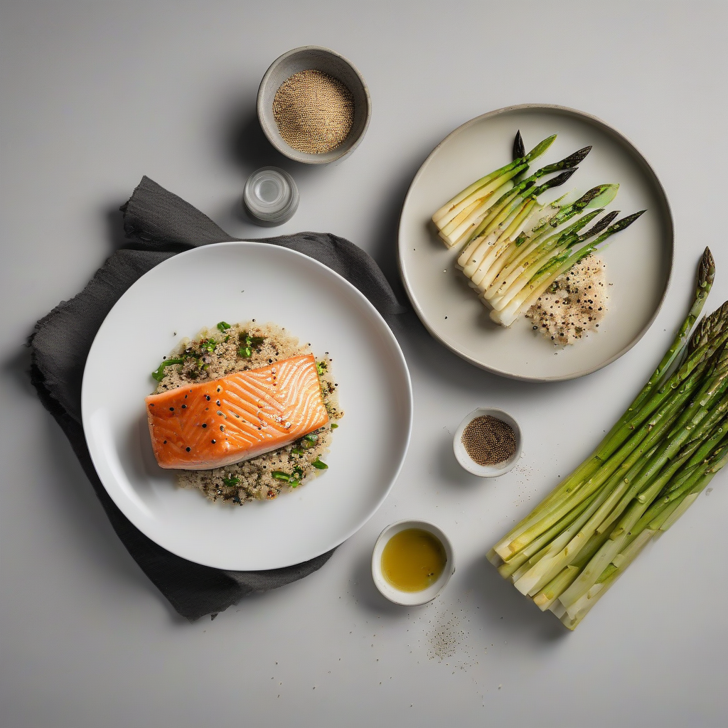 Gegrilde zalm met asperges en quinoa of gegrilde groentenspiesjes met asperges en quinoa