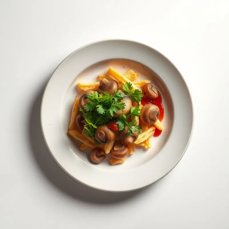 Biefstuk met knoflook champignons en een frisse rucola salade, voor de kinderen gegarneerd met frietjes en ketchup apart.