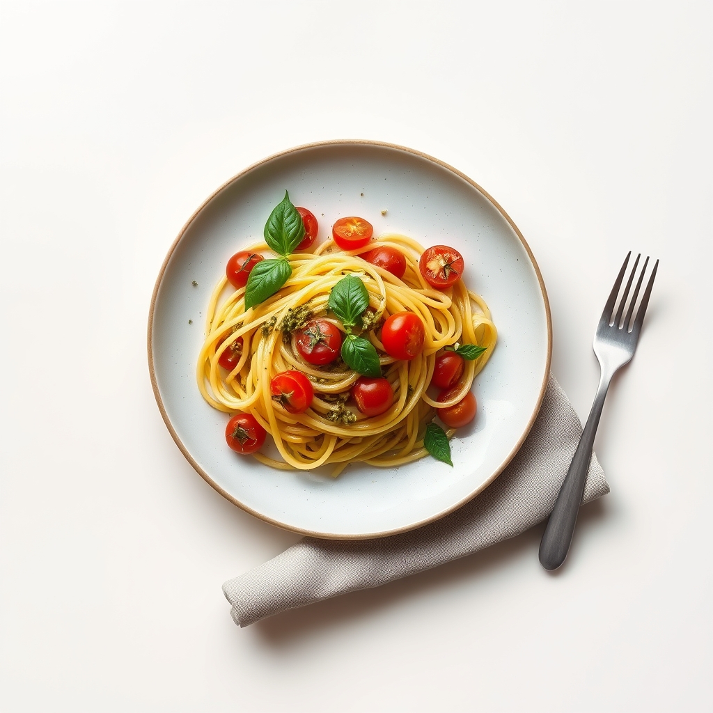 Courgettespaghetti met zelfgemaakte pesto, cherry-tomaten en geroosterde pijnboompitten