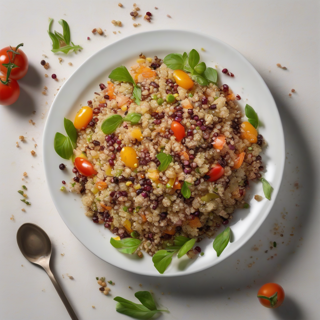 Quinoa salade met kikkererwten en gegrilde groenten voor twee personen.