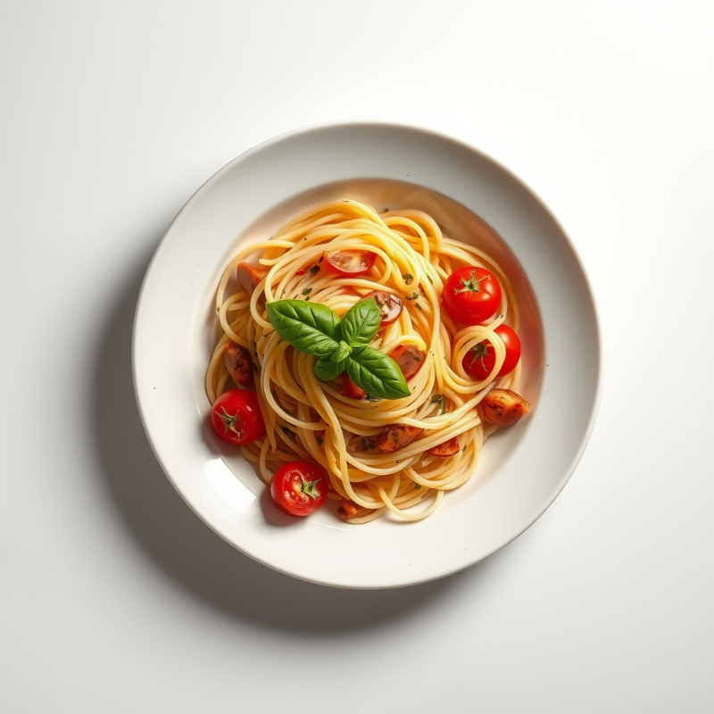 Pasta met zeevruchten, cherry tomaatjes en basilicum.