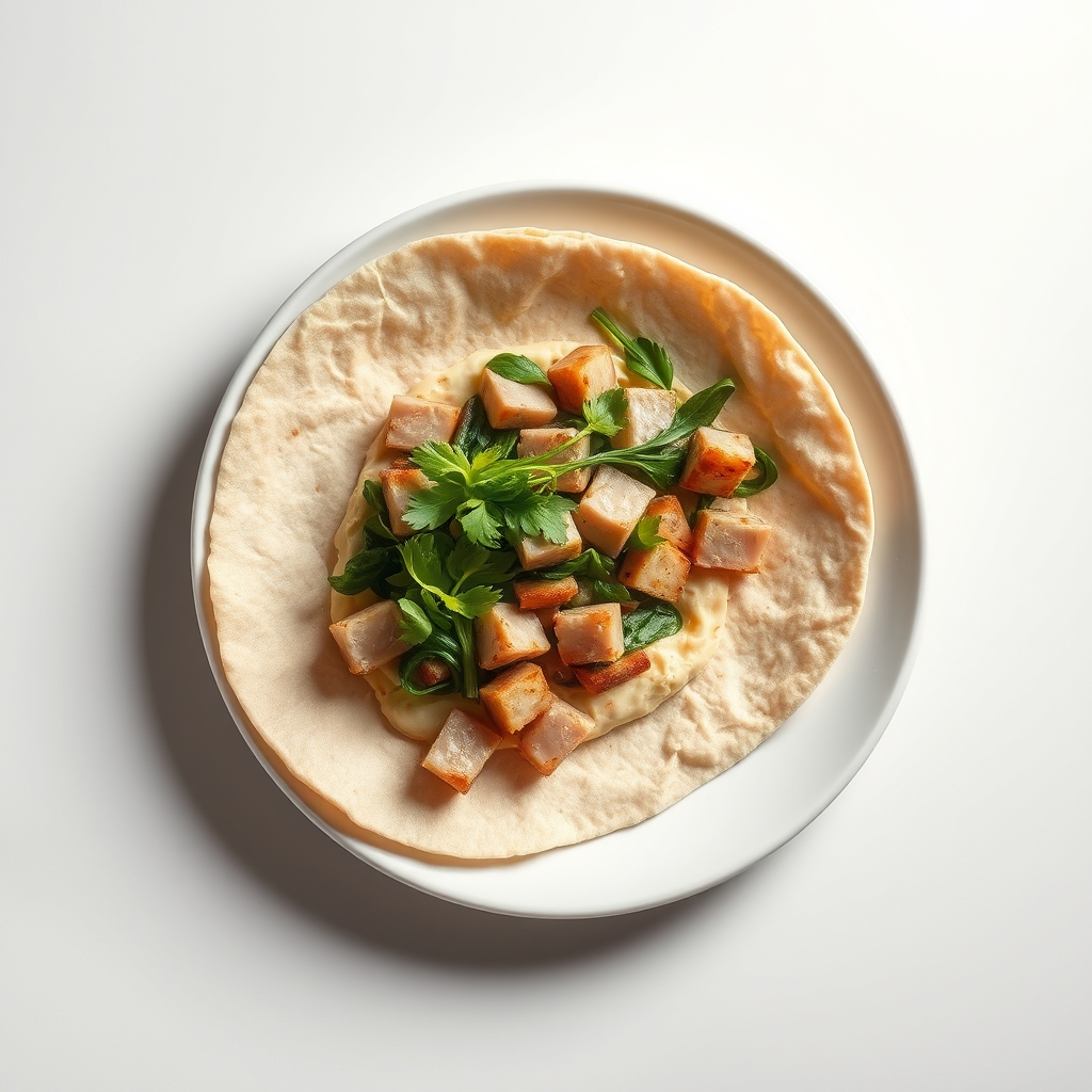 Volkorenwrap met hummus, spinazie, geraspte wortel en gerookte kip