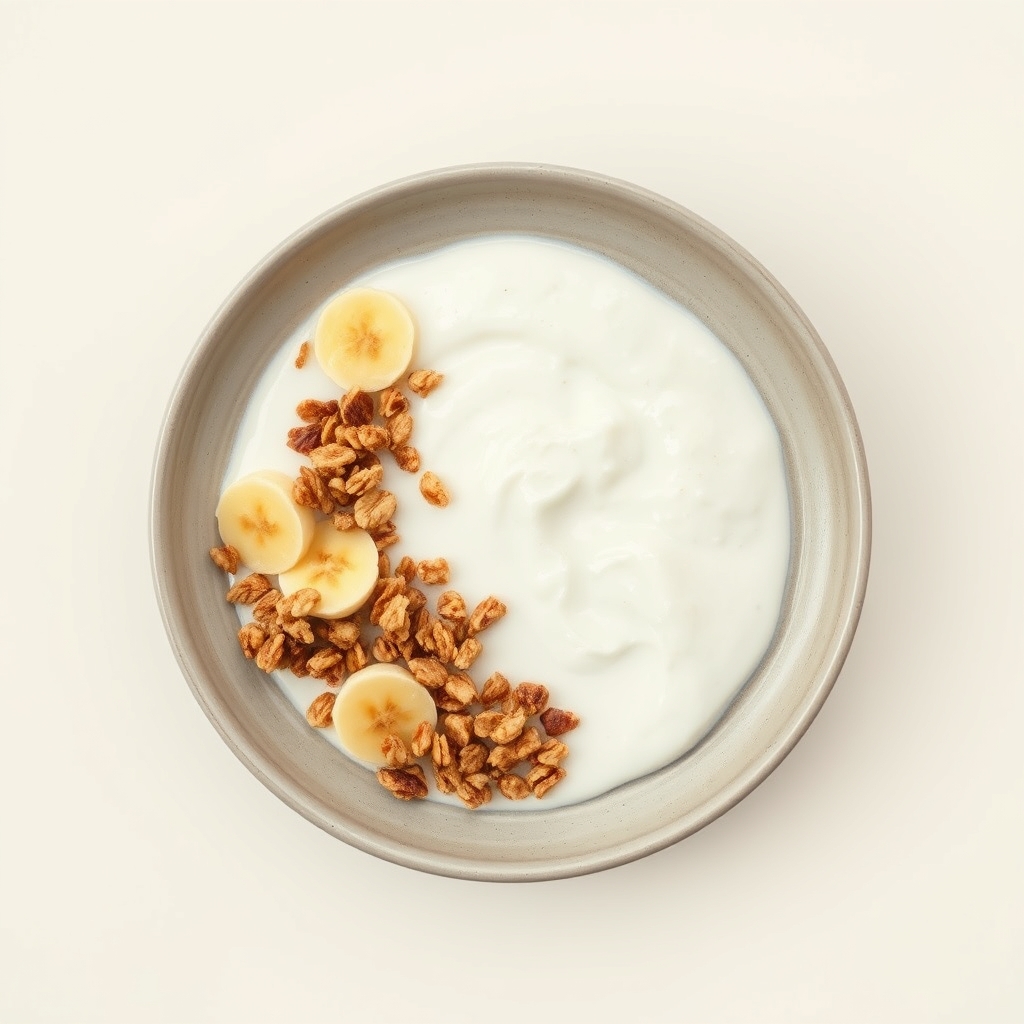 Yoghurt met huisgemaakte granola en plakjes banaan.