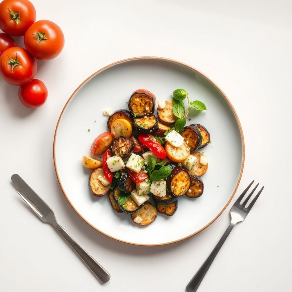 Mediterrane salade met geroosterde aubergine en olijven