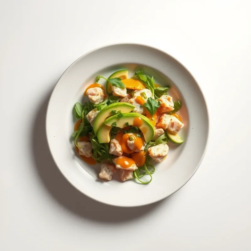 Gemengde salade met gerookte kip, avocado en een romige honing-mosterdsaus