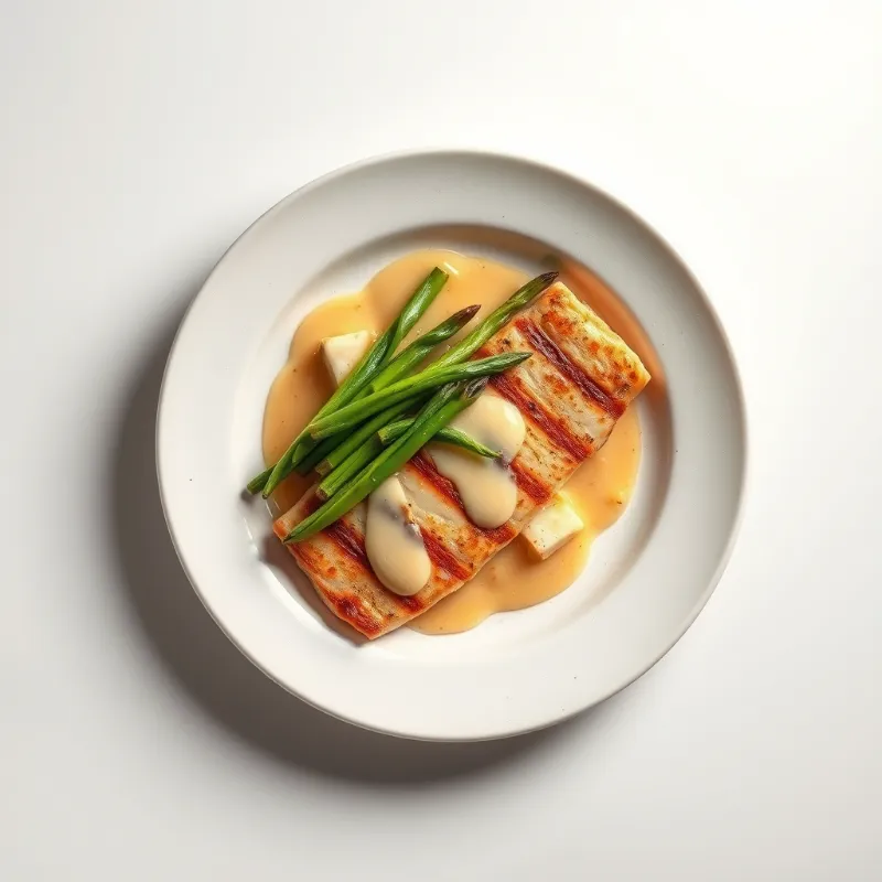 Gegrilde kipfilet met geroosterde groene asperges en knoflooksaus