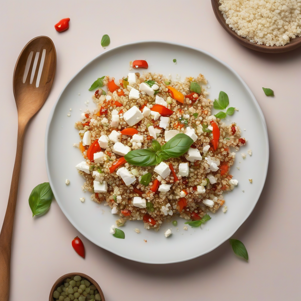 Quinoa salade met feta, geroosterde paprika en munt