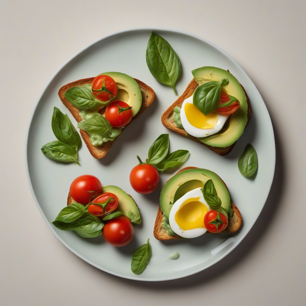 Avocadotoast met geroosterde cherrytomaten en basilicum.