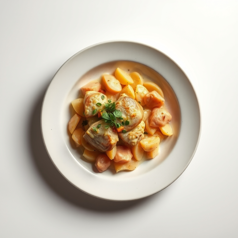 Gestoofde kip met seizoensgroenten en aardappelpuree