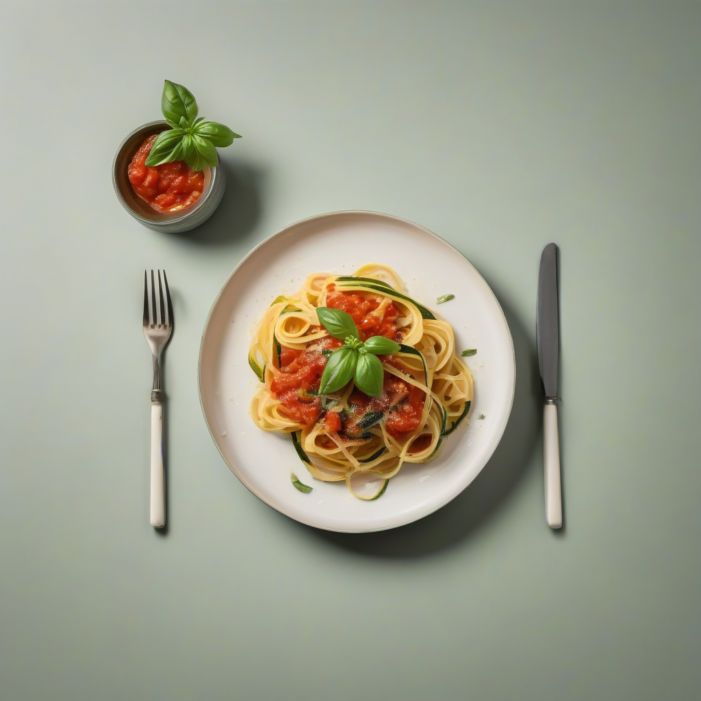 Courgette-pasta met tomatensaus, basilicum en Parmezaanse kaas.