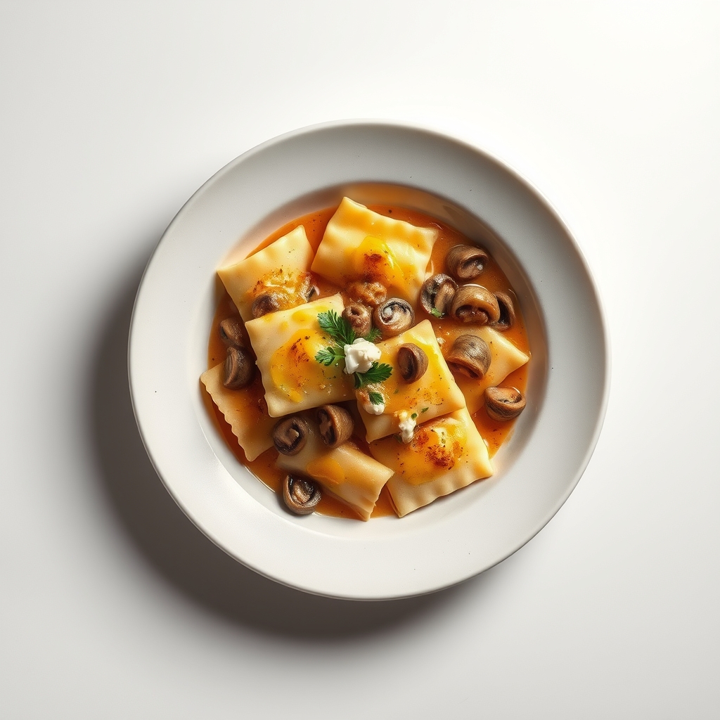Ravioli gevuld met spinazie en ricotta in een romige champignonsaus