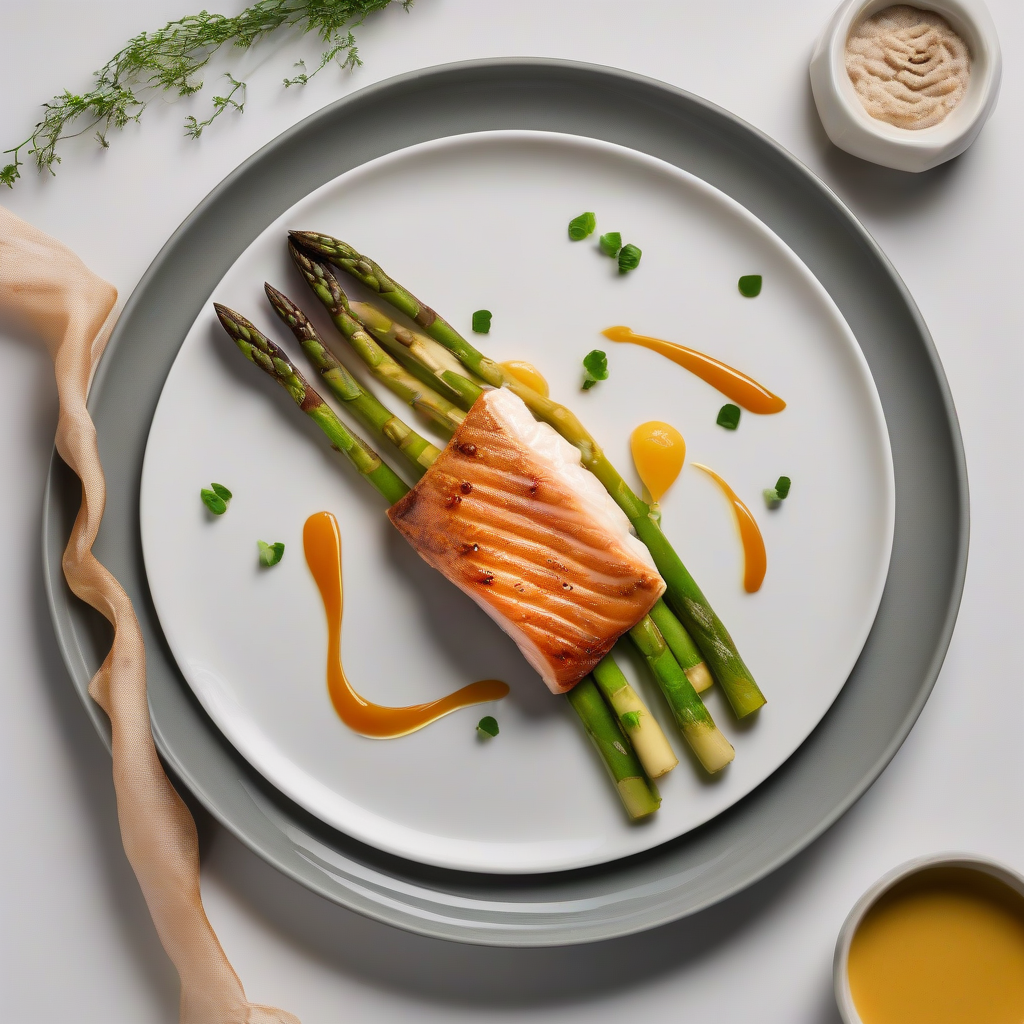 Gebakken zalmfilet met gewone rijst en geroosterde asperges