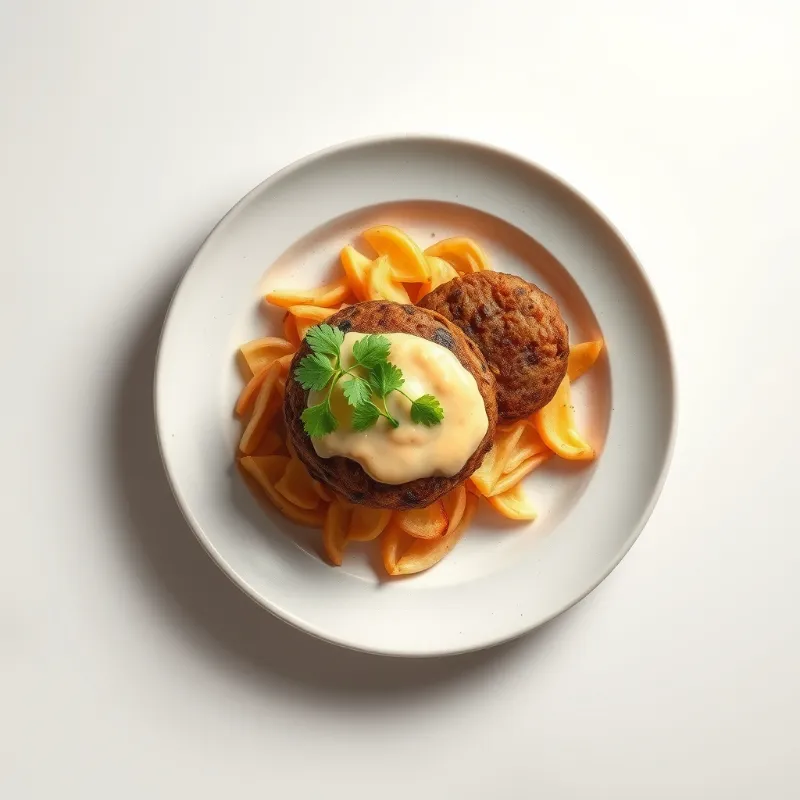 Rode bietenburgers op een bedje van veldsla, geserveerd met zoete aardappelfriet en een kikkererwten-tahinsaus