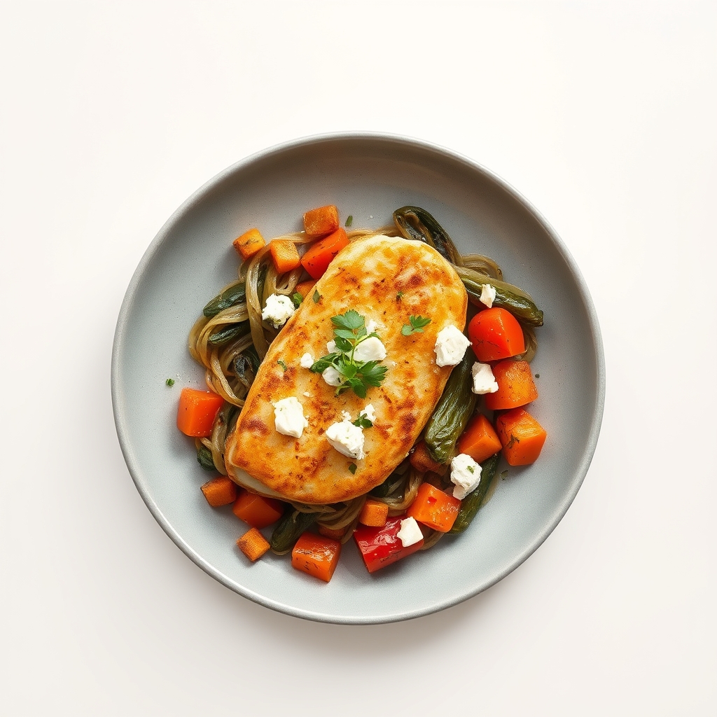 Kipfilet gevuld met spinazie en feta, geserveerd met spelt en een ratatouille van groenten