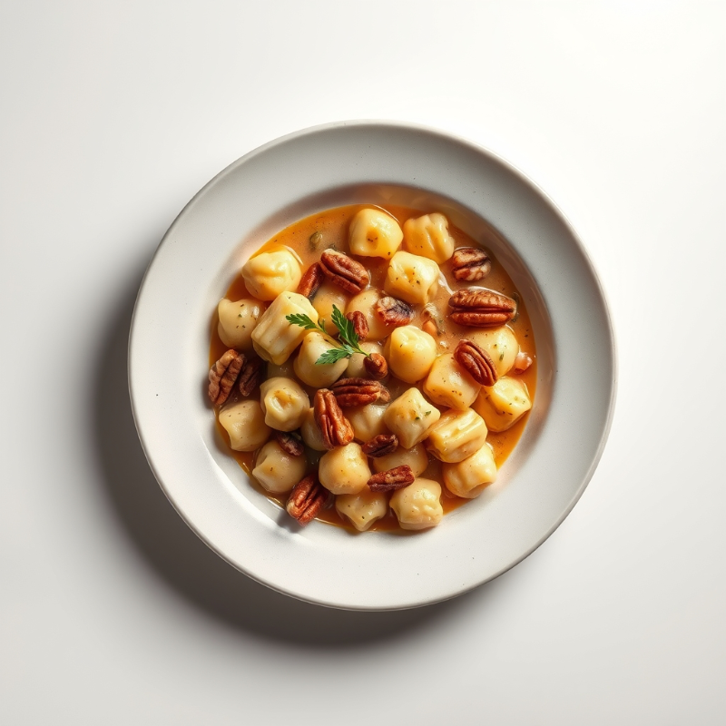 Gnocchi met een romige paddenstoelensaus, krokante pecannoten, spekjes en verse kruiden.
