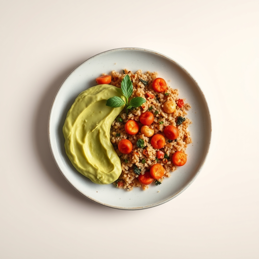 Geroosterde kikkererwten en paprika met kruidige bulgur en een avocadodip