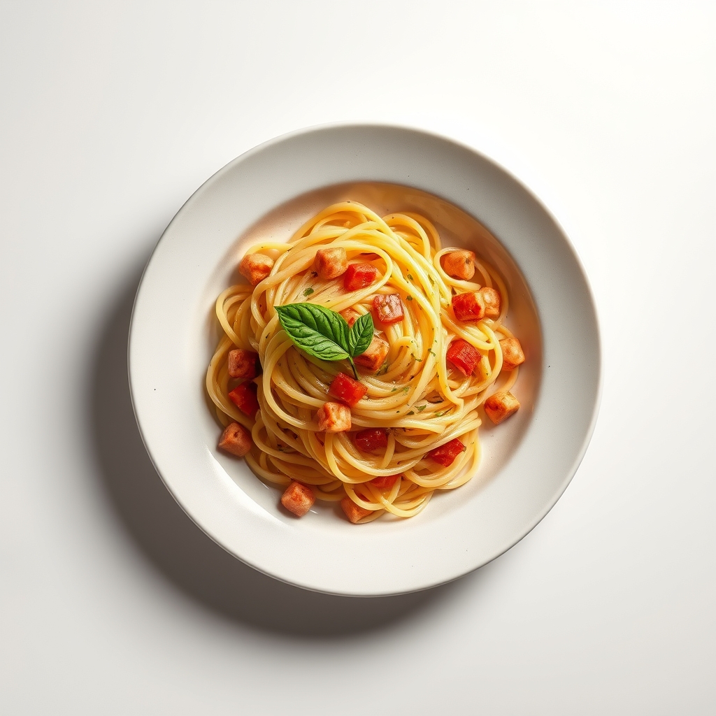 Pastasalade met tonijn, olijfolie en blokjes paprika