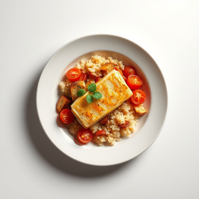 Gestoofde kabeljauw met tomatensaus, couscous en gestoomde wortelen