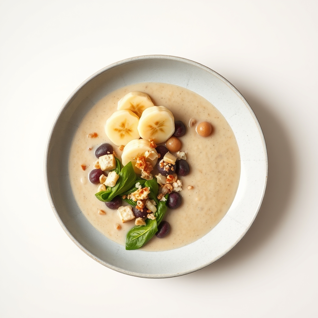 Smoothiebowl met spinazie, banaan, bessen en een topping van chiazaad.