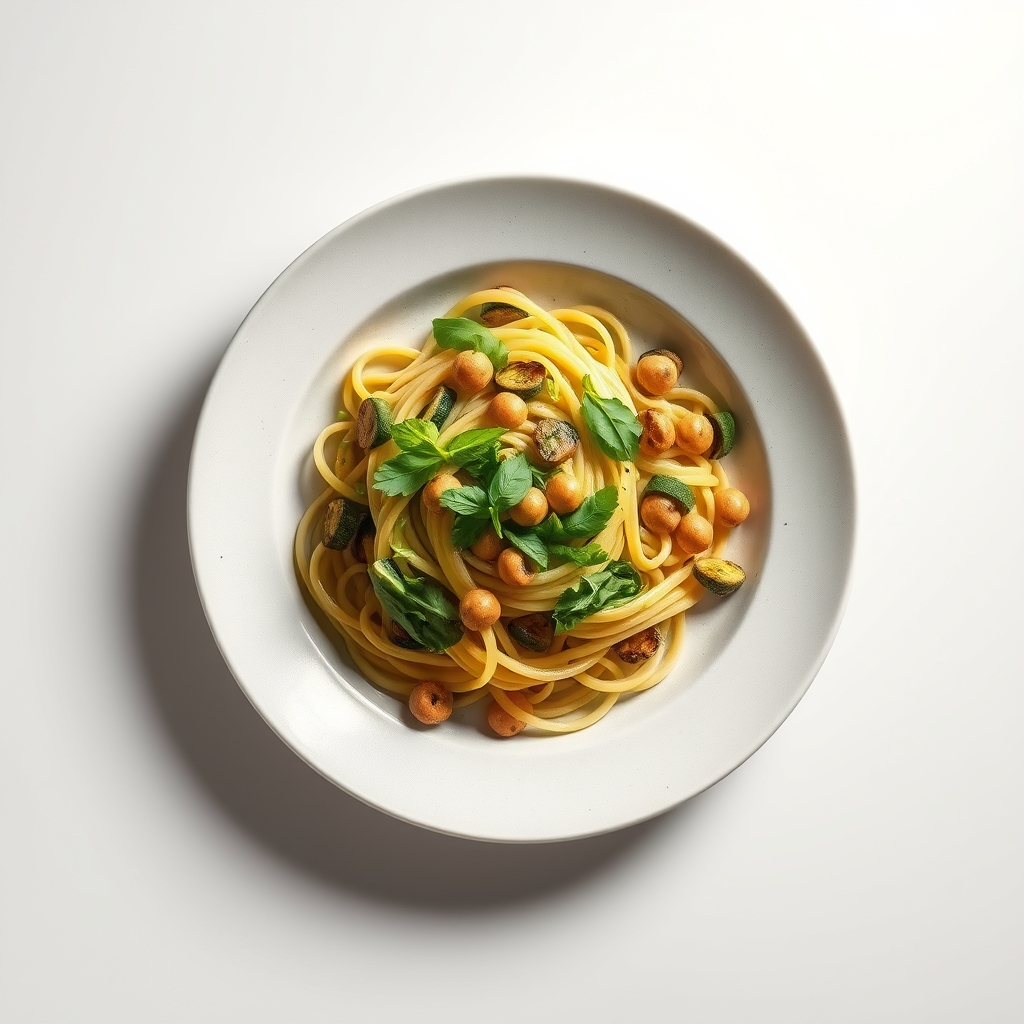 Tagliatelle met een pesto van basilicum, rucola en walnoten, gecombineerd met gegrilde courgette en kerstomaatjes