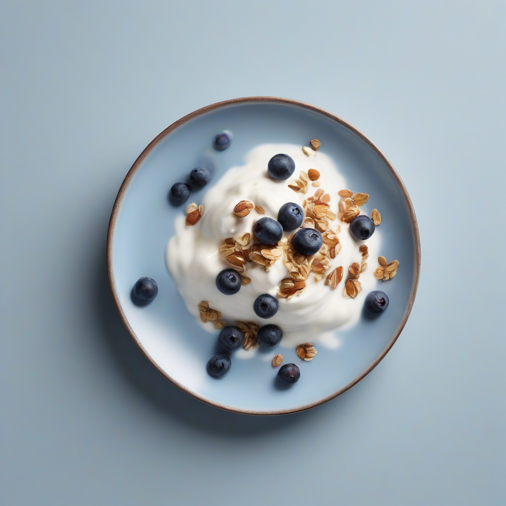 Yoghurt met notenmuesli en een handje blauwe bessen.