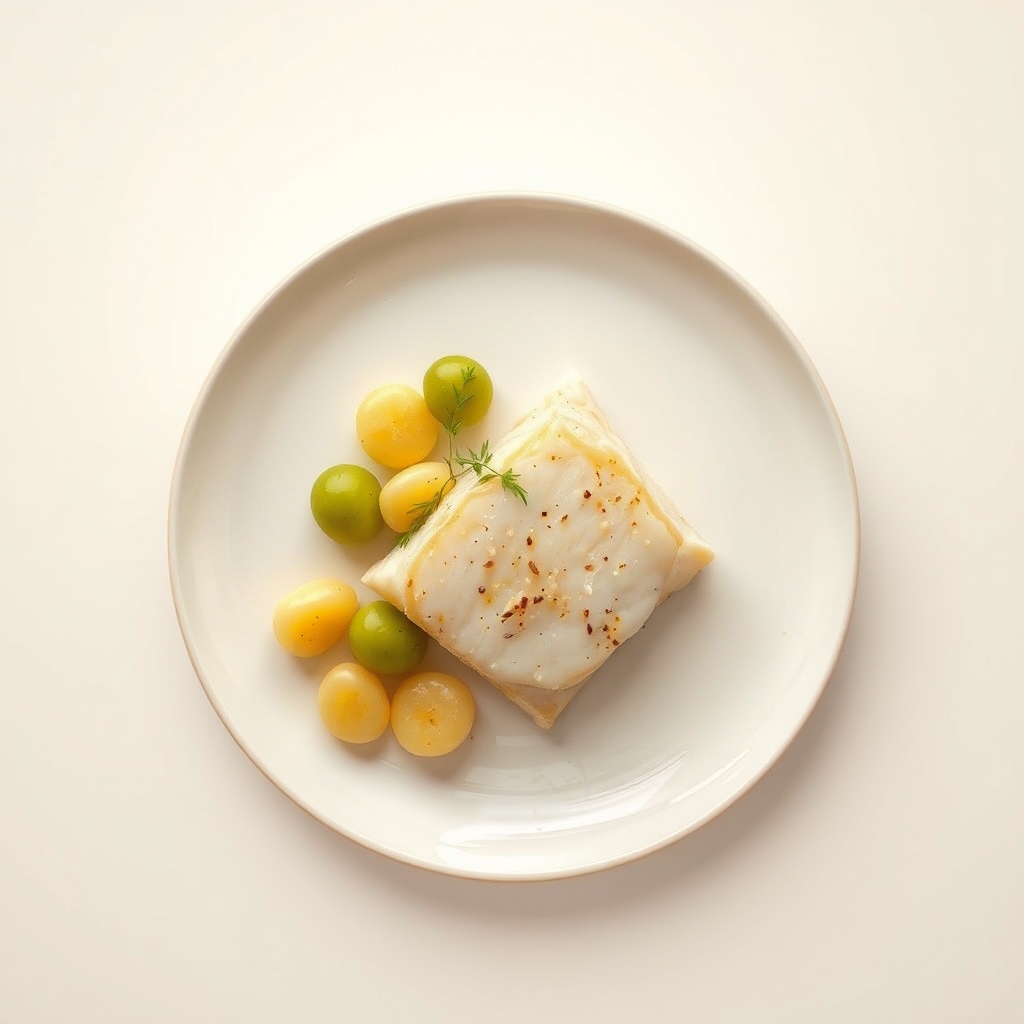 Kabeljauwfilet met een kruidenkorst, geserveerd met groene bonen en citroenaardappeltjes