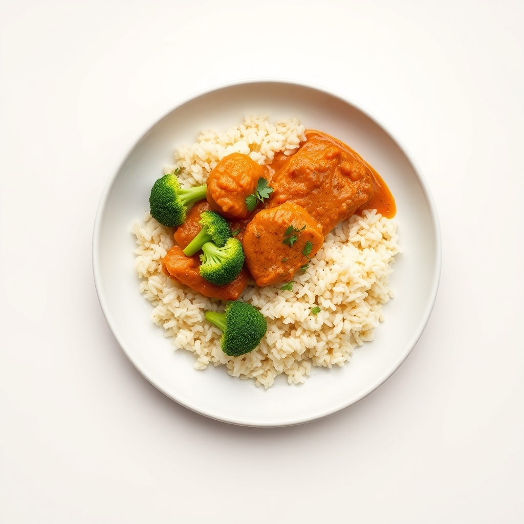 Kip tikka masala geserveerd met basmatirijst en gestoomde broccoli.