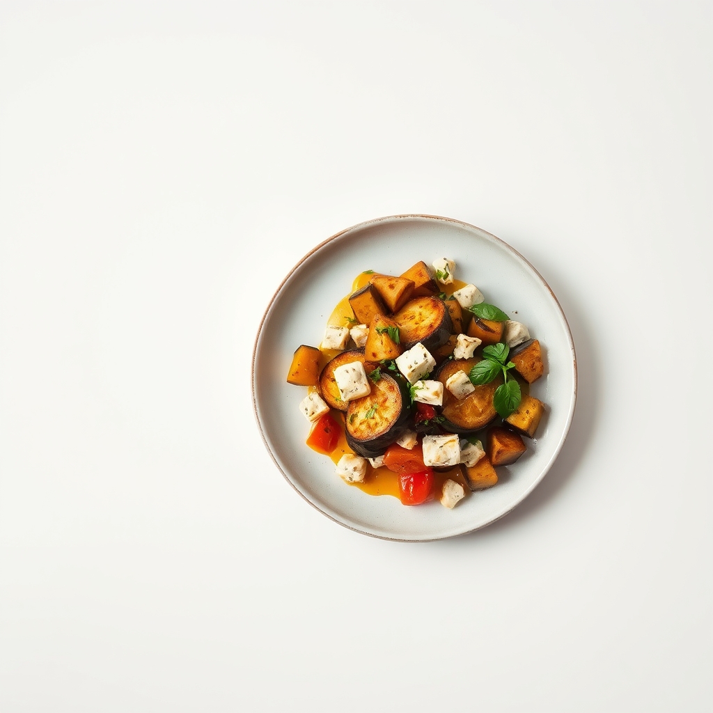 Ovenschotel met courgette, aubergine, paprika en kaas, geserveerd met verse kruiden