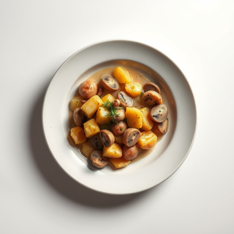 Biefstuk met champignon-roomsaus, sperziebonen en gebakken aardappelen