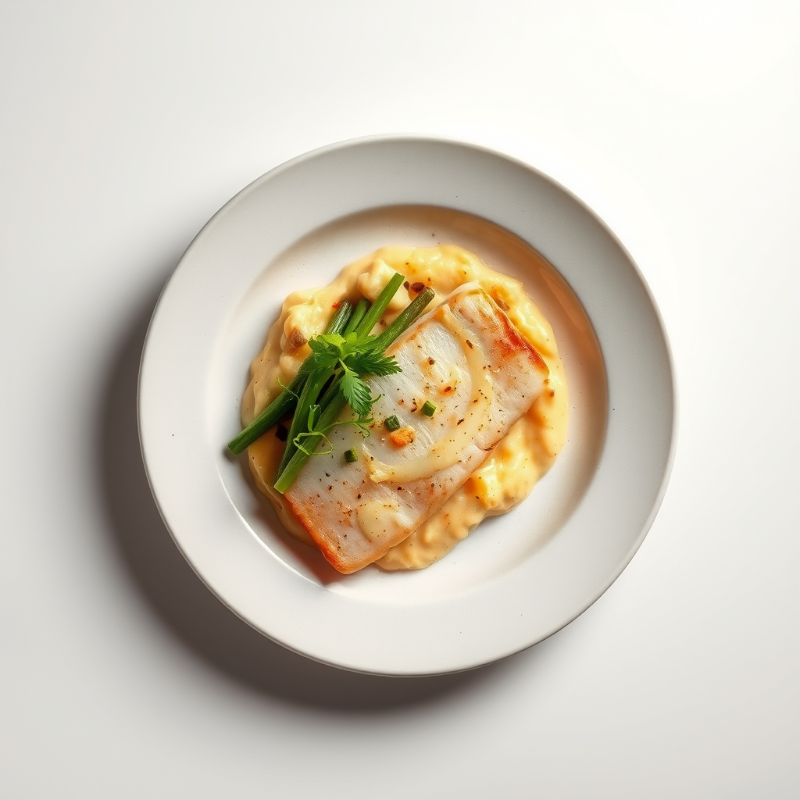 Kabeljauwfilet met een knapperige korst, geserveerd met geroosterde groenten en aardappelpuree