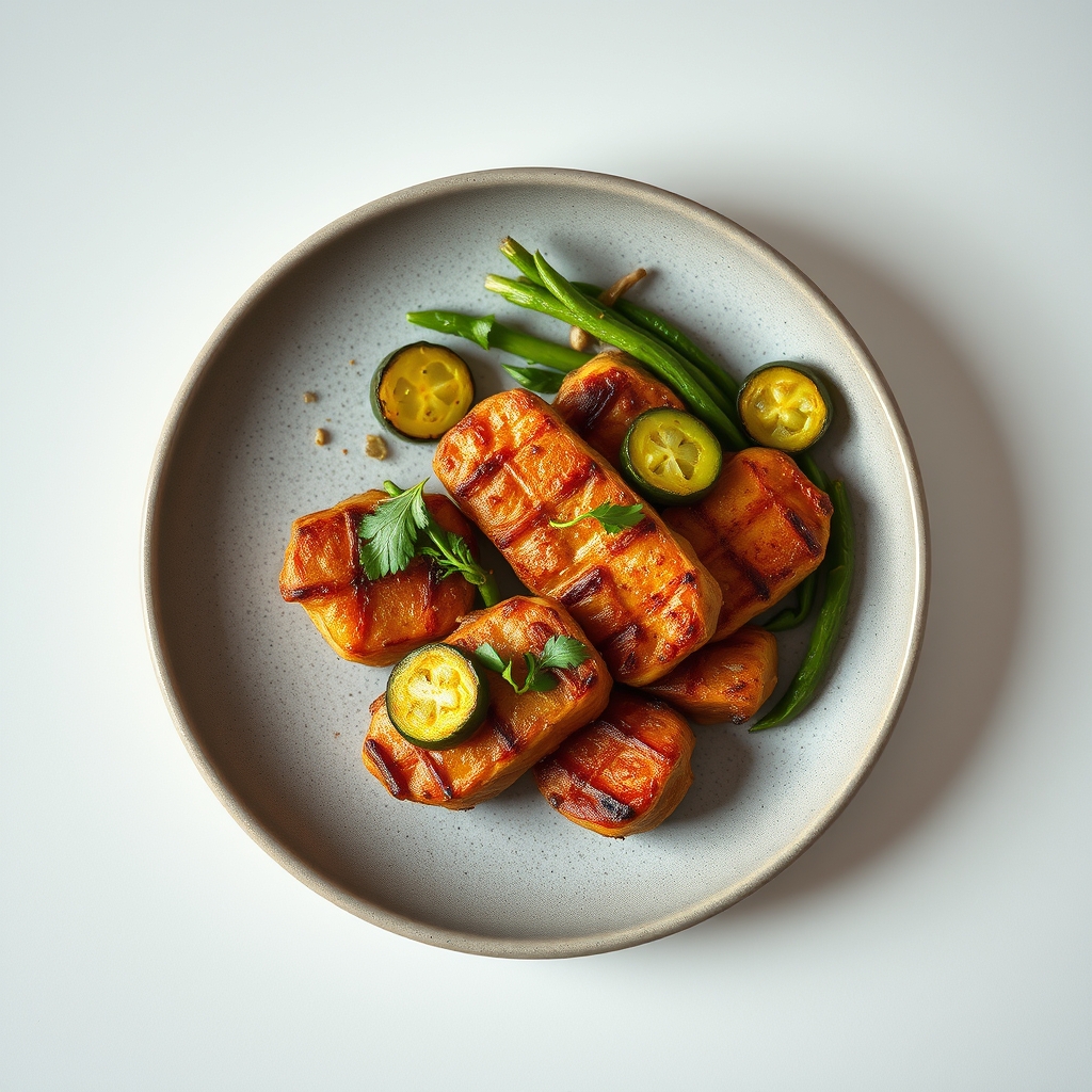Geroosterde kippenbouten met een kruidige honing-mosterd marinade, geserveerd met gegrilde paprika en courgettereepjes.
