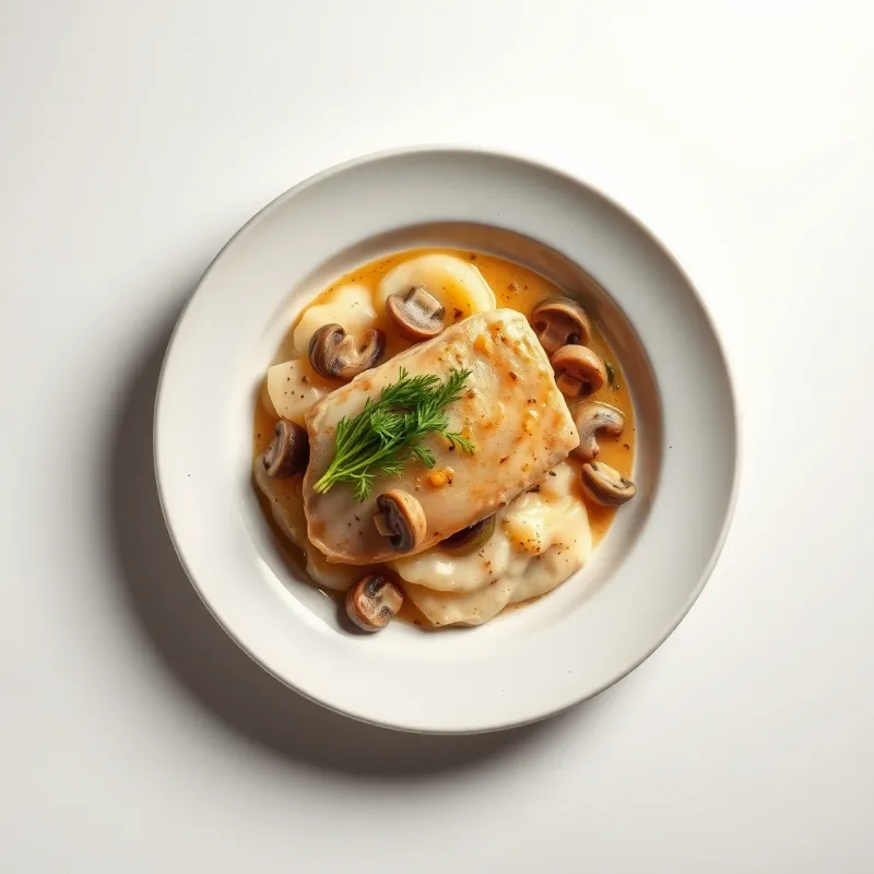 Kipfilet in romige champignonsaus met geroosterde groene asperges en aardappelpuree