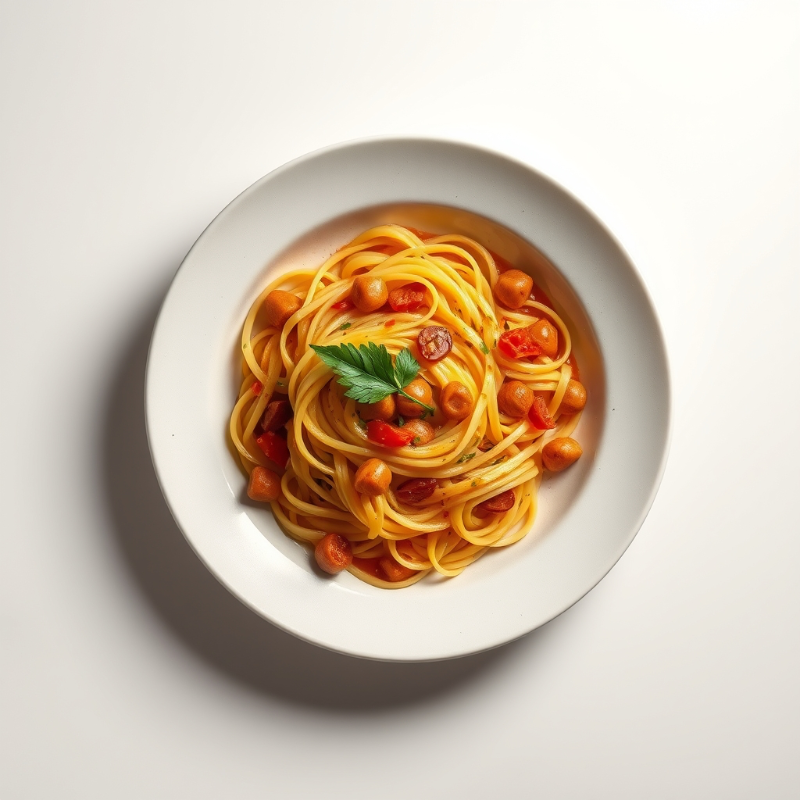 Tagliatelle met runderstoofpot, sperziebonen en geroosterde paprika in een rijke kruidige saus.