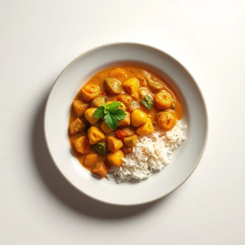 Vegetarische curry met kikkererwten, kokosmelk en gemengde groenten, geserveerd met basmatirijst