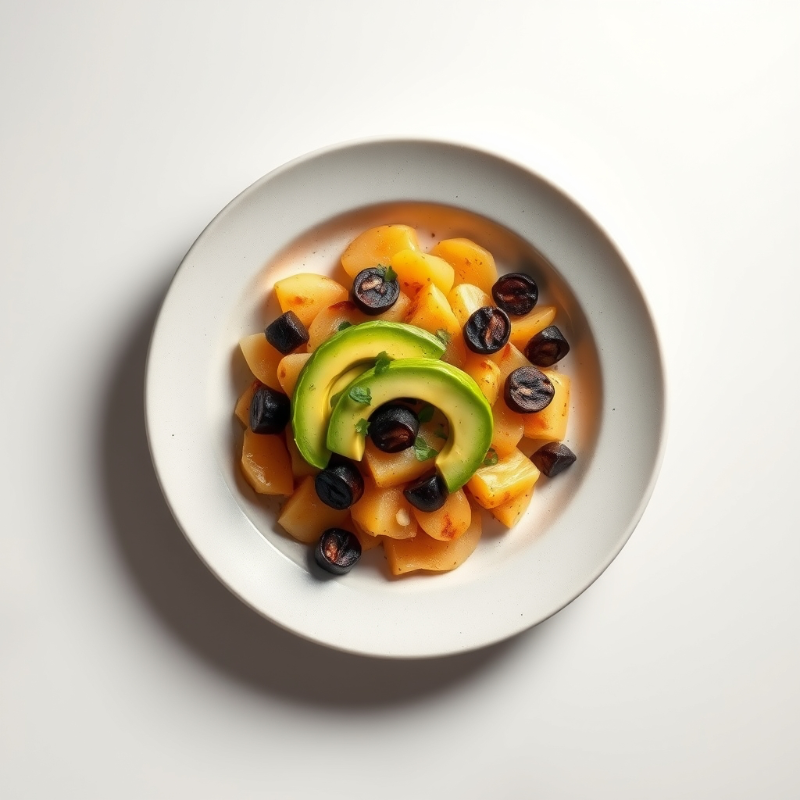Geroosterde zoete aardappel met zwarte bonen en avocado