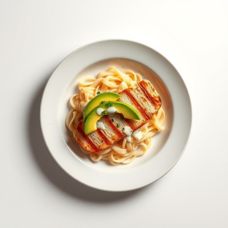 Sla-mengeling met gegrilde kip, avocado en een yoghurt-limoendressing.