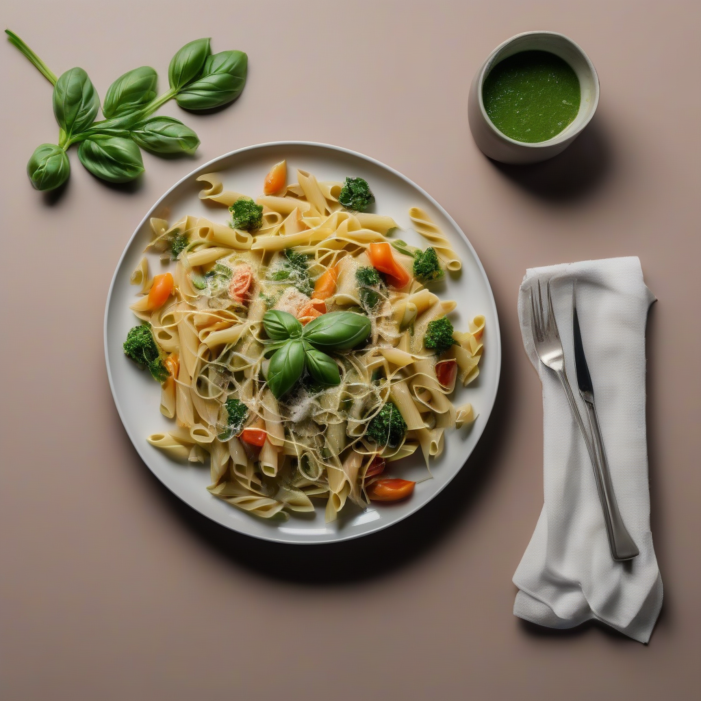 Pasta primavera met verse groenten en basilicumsaus
