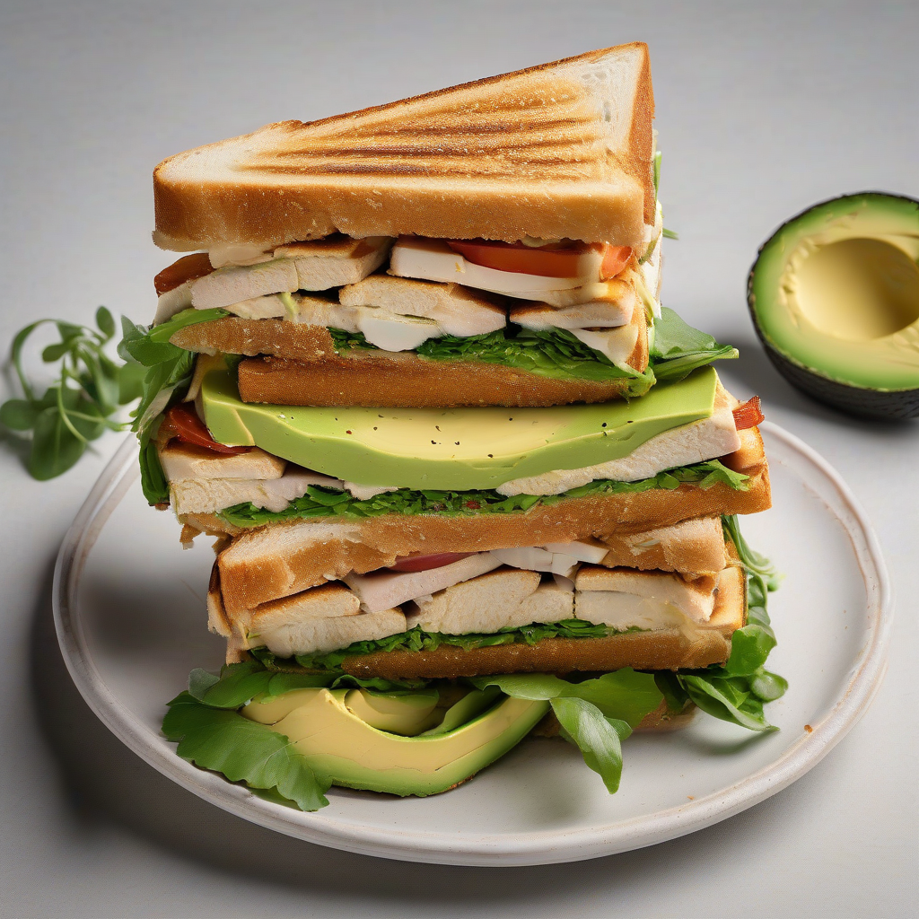 Volkoren clubsandwich met gegrilde kip, avocado en spinazie.