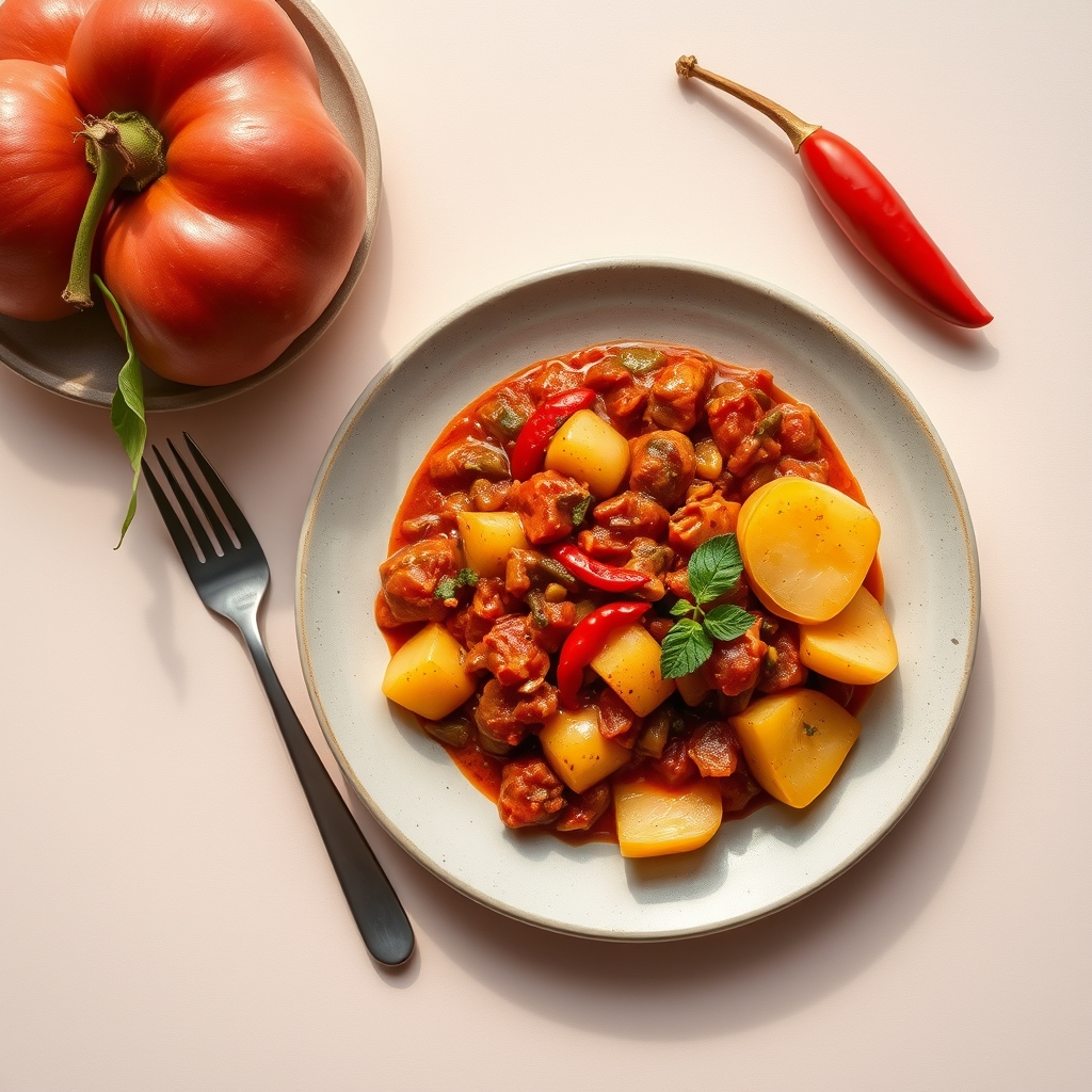 Vegetarische chili met bonenmix, paprika en zoete aardappel.