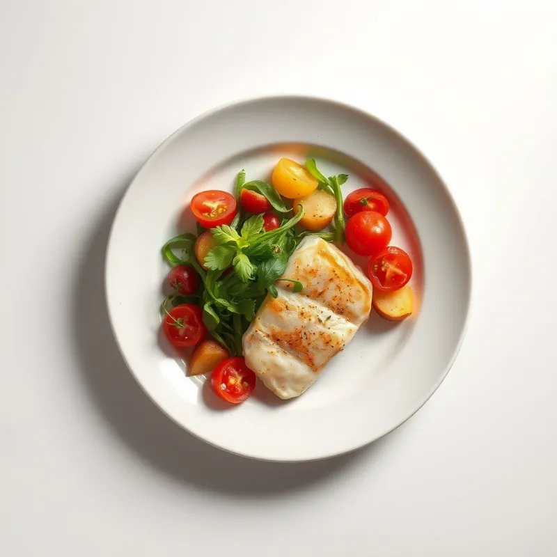 Gebakken kabeljauwfilet met een salade van spinazie, cherry tomaten en gebakken zoete aardappelblokjes