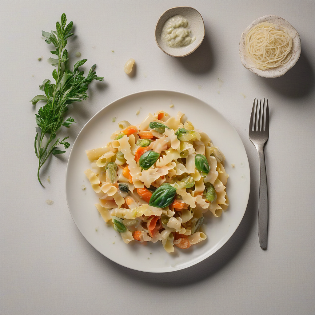 Pasta primavera met seizoensgroenten en een lichte romige saus