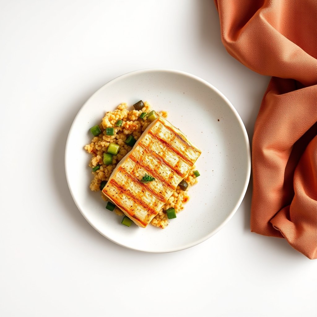 Gegrilde kip met gekruide couscous, geroosterde paprika en courgette.