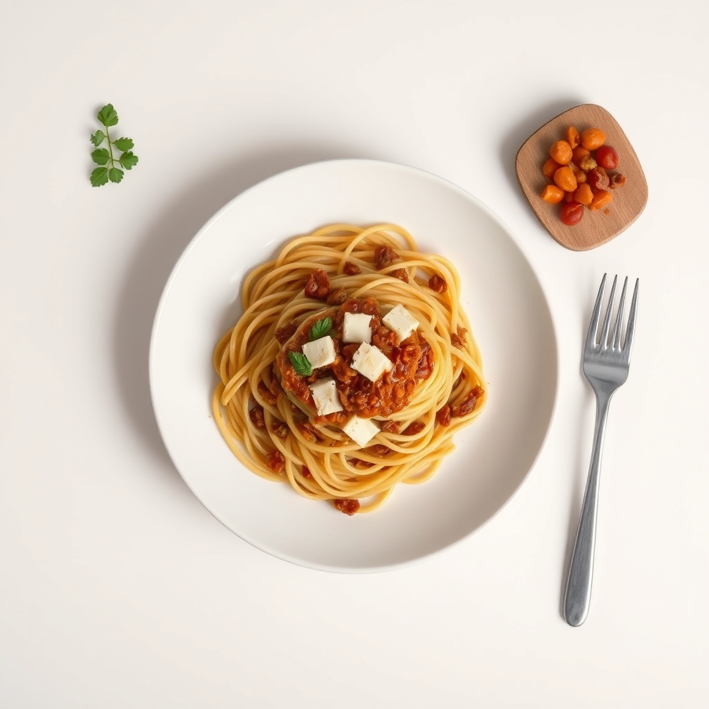 Spaghetti bolognese met gehakte rauwe groenten en Parmezaanse kaas