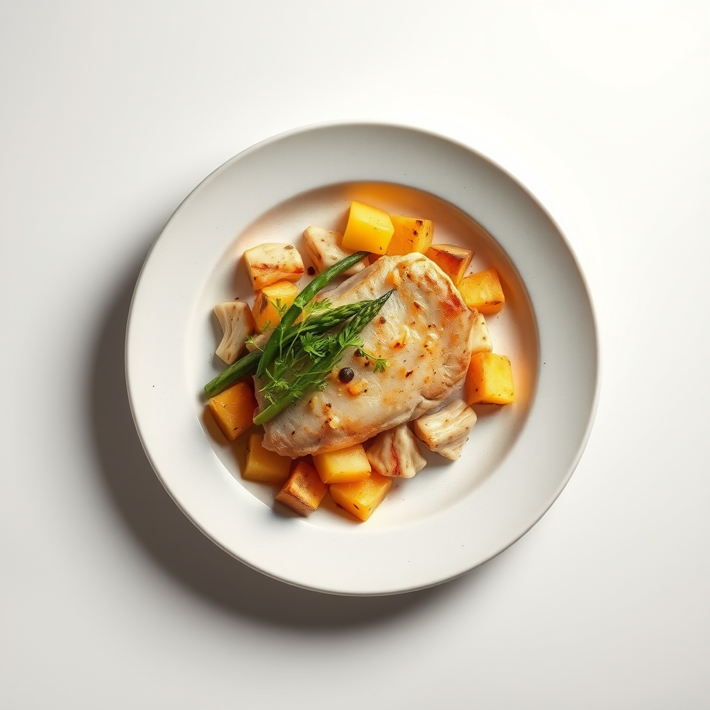 Kipfilet met geroosterde asperges en aardappelpartjes