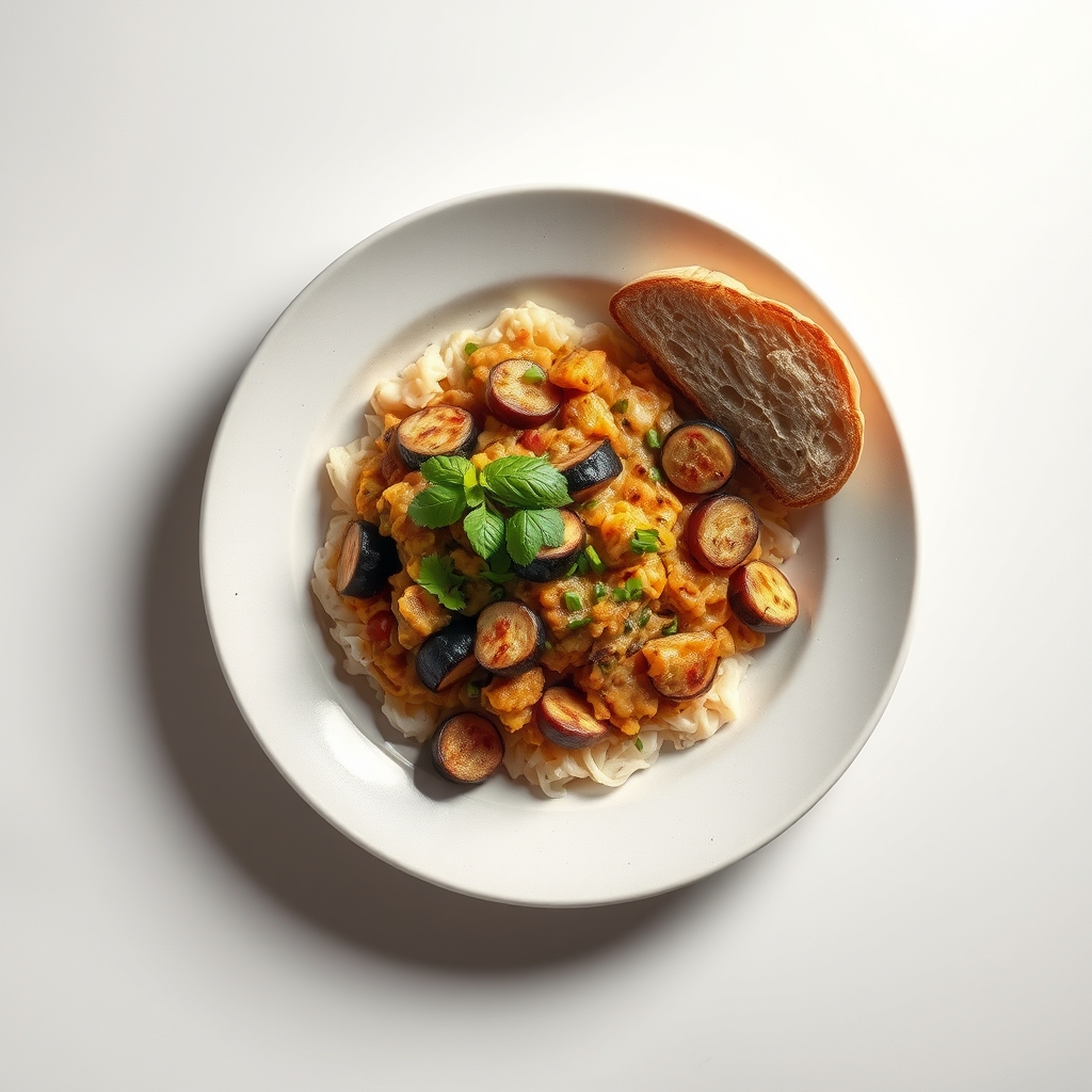 Rode linzen-dahl met geroosterde aubergine en naanbrood