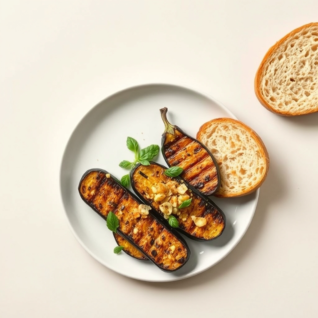 Plakjes aubergine gemarineerd in olijfolie en kruiden, gegrild tot zacht en licht gekarameliseerd, geserveerd met een kruidige Indiase linzendahl en knapperig naanbrood. Gemaakt voor één persoon.
